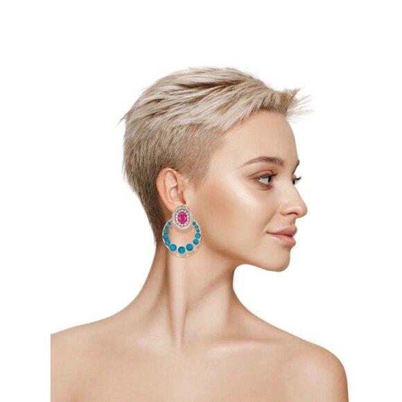 Anton Heunis Gem Cluster Hoop Earrings in Pink Blue Crystal & Gold New Womens - Picture 10 of 10